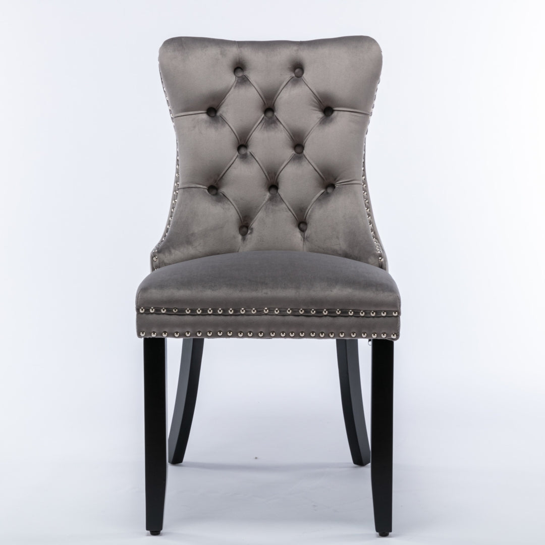6x Velvet Dining Chairs Upholstered Tufted Kithcen Chair with Solid Wood Legs Stud Trim and Ring Gray Furniture >