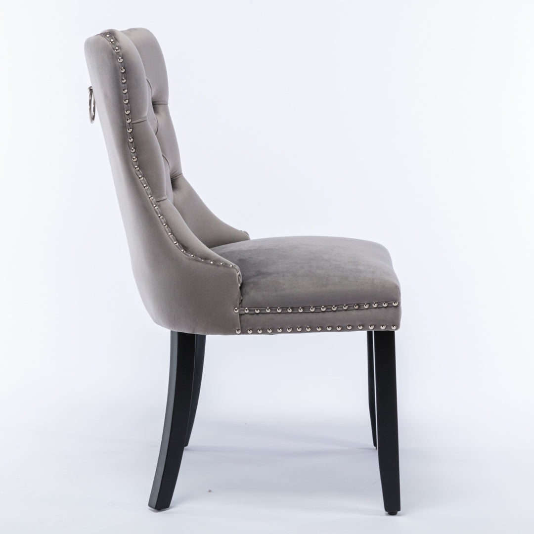 6x Velvet Dining Chairs Upholstered Tufted Kithcen Chair with Solid Wood Legs Stud Trim and Ring Gray Furniture >