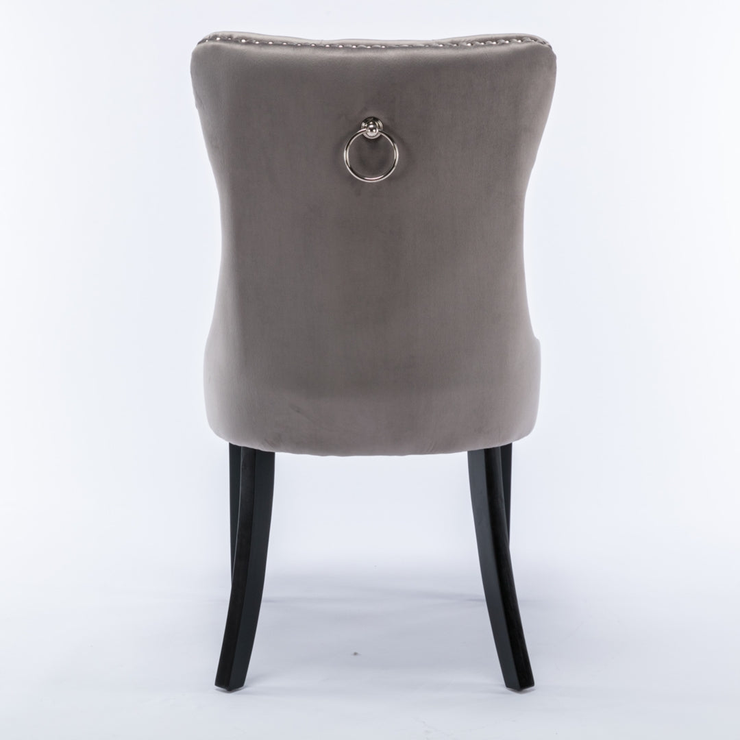 6x Velvet Dining Chairs Upholstered Tufted Kithcen Chair with Solid Wood Legs Stud Trim and Ring Gray Furniture >