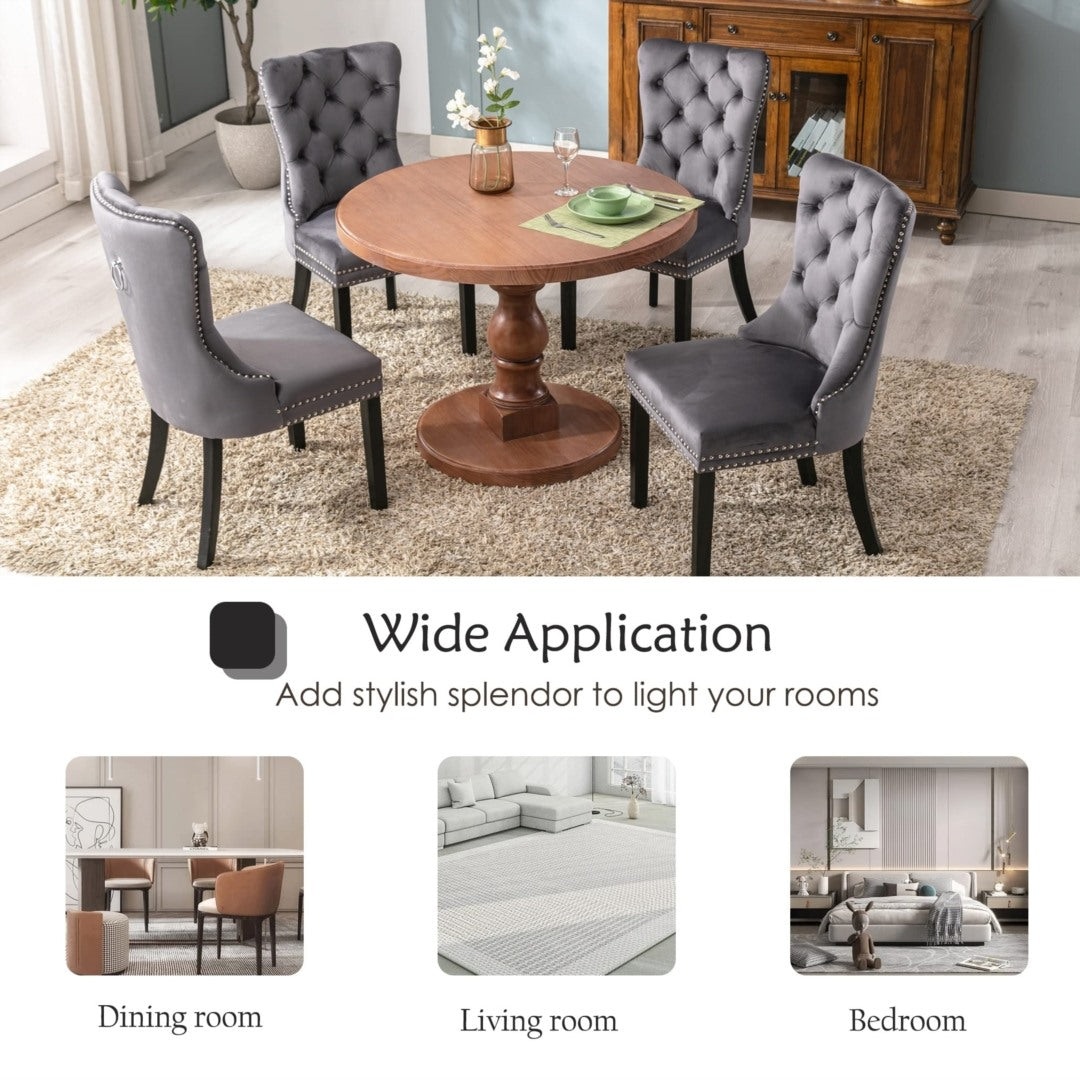 6x Velvet Dining Chairs Upholstered Tufted Kithcen Chair with Solid Wood Legs Stud Trim and Ring Gray Furniture >