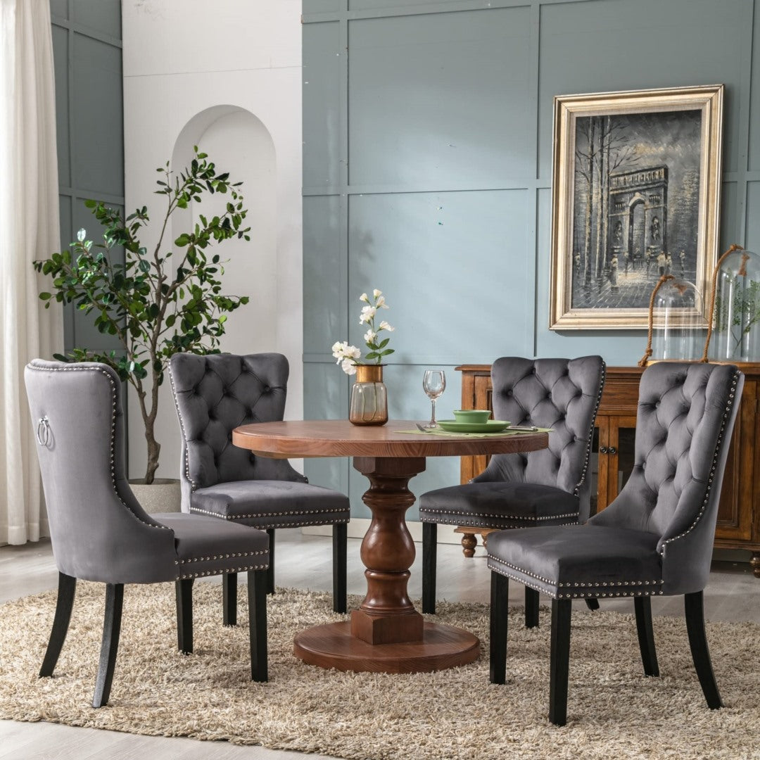 6x Velvet Dining Chairs Upholstered Tufted Kithcen Chair with Solid Wood Legs Stud Trim and Ring Gray Furniture >