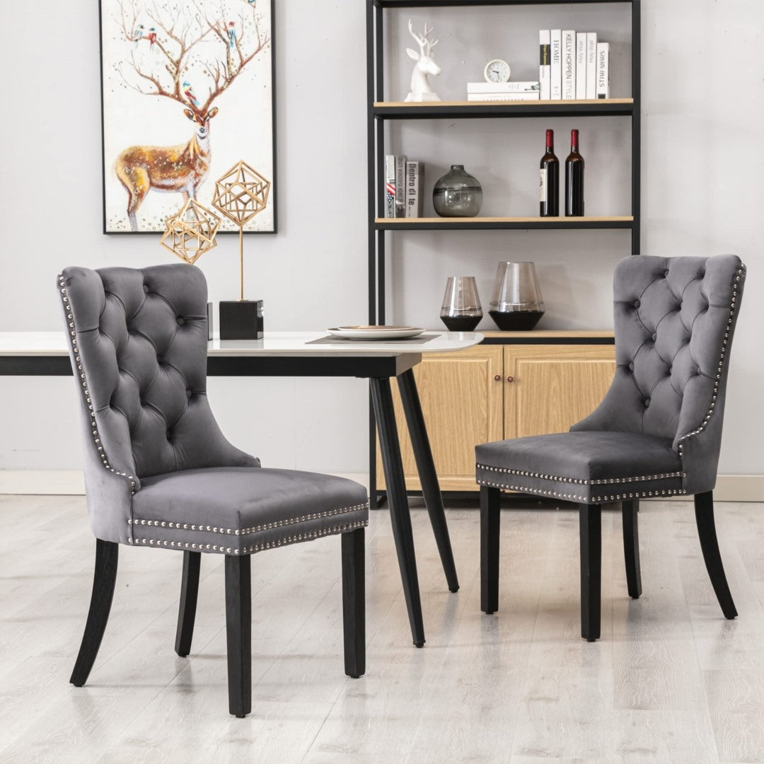 6x Velvet Dining Chairs Upholstered Tufted Kithcen Chair with Solid Wood Legs Stud Trim and Ring Gray Furniture >