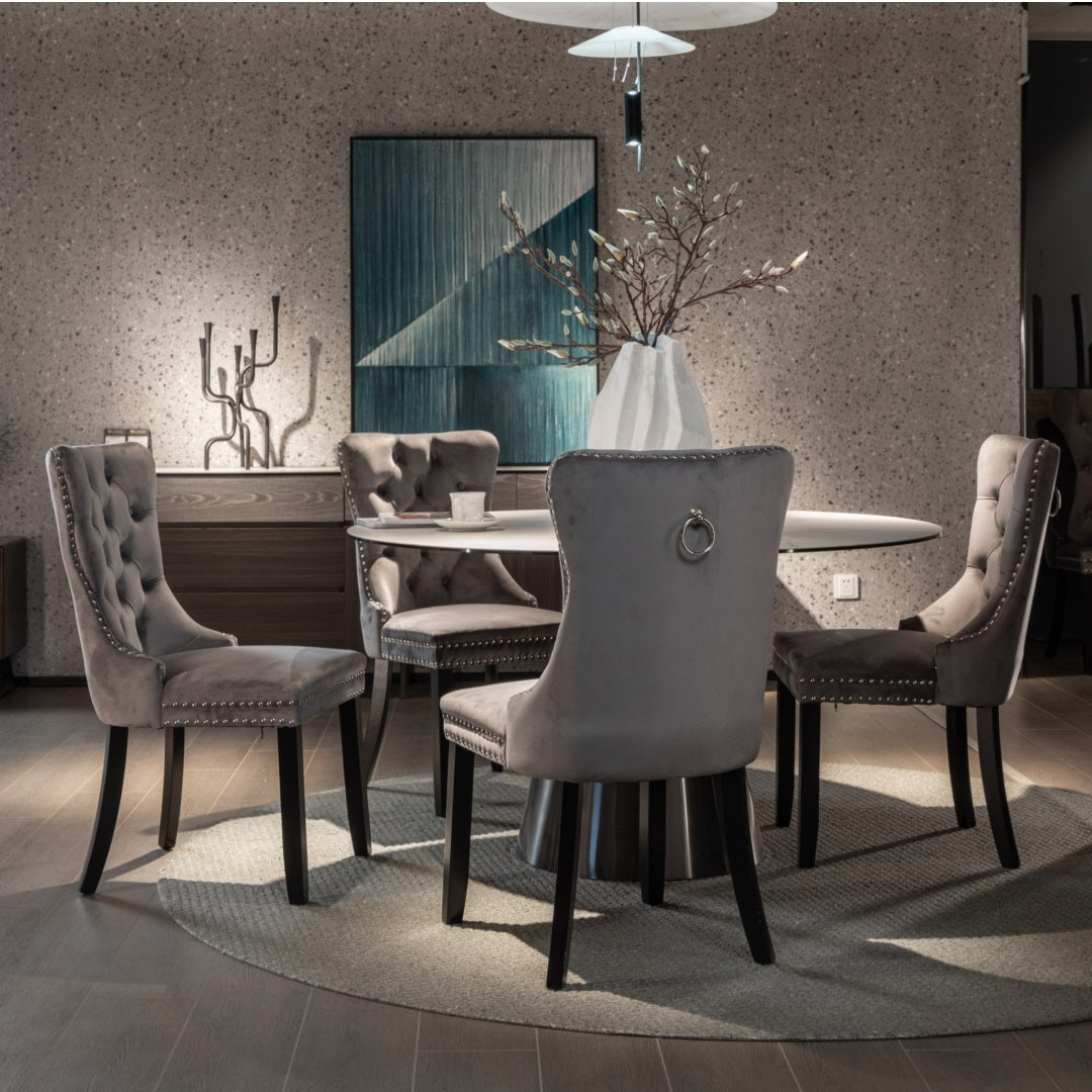 6x Velvet Dining Chairs Upholstered Tufted Kithcen Chair with Solid Wood Legs Stud Trim and Ring Gray Furniture >