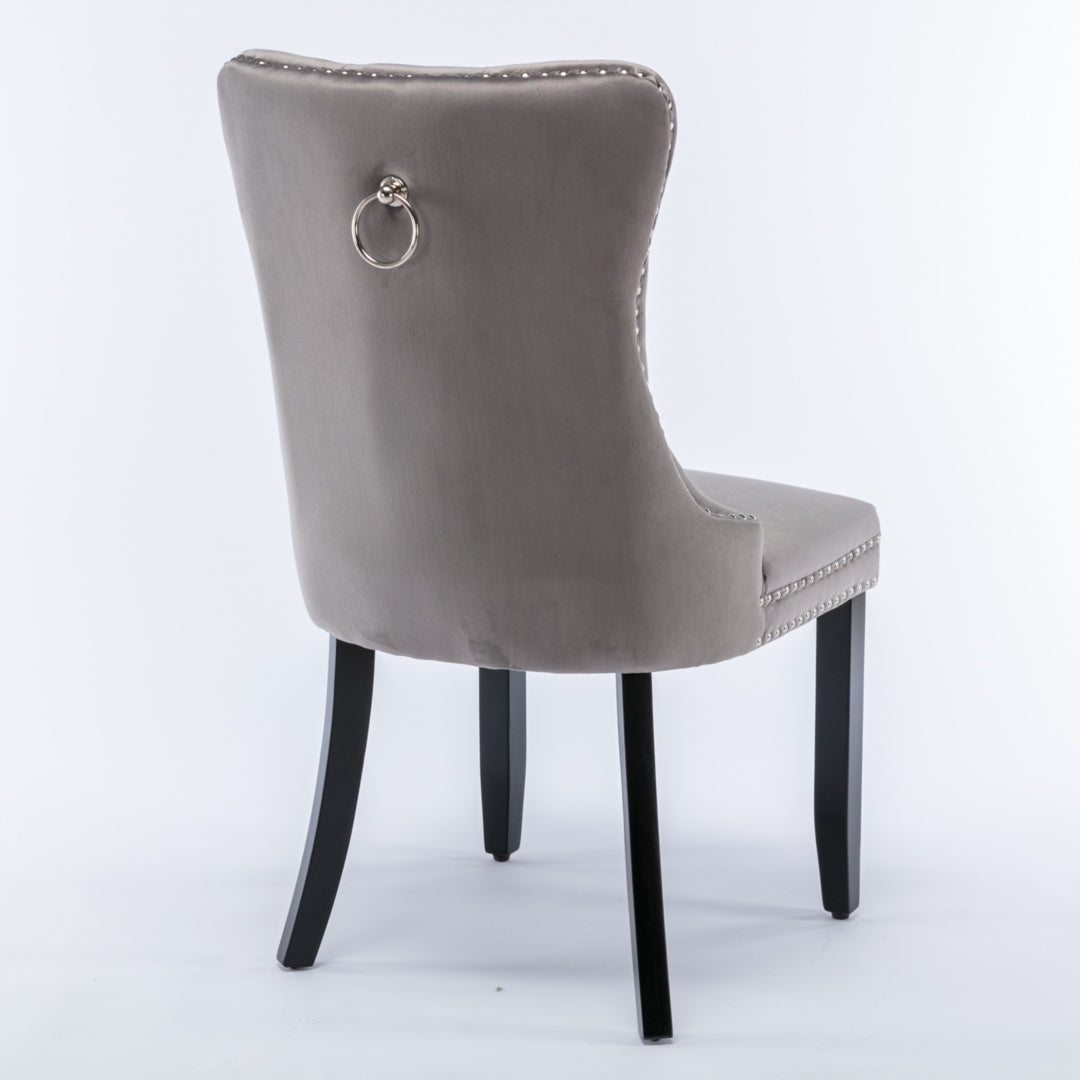 6x Velvet Dining Chairs Upholstered Tufted Kithcen Chair with Solid Wood Legs Stud Trim and Ring Gray Furniture >