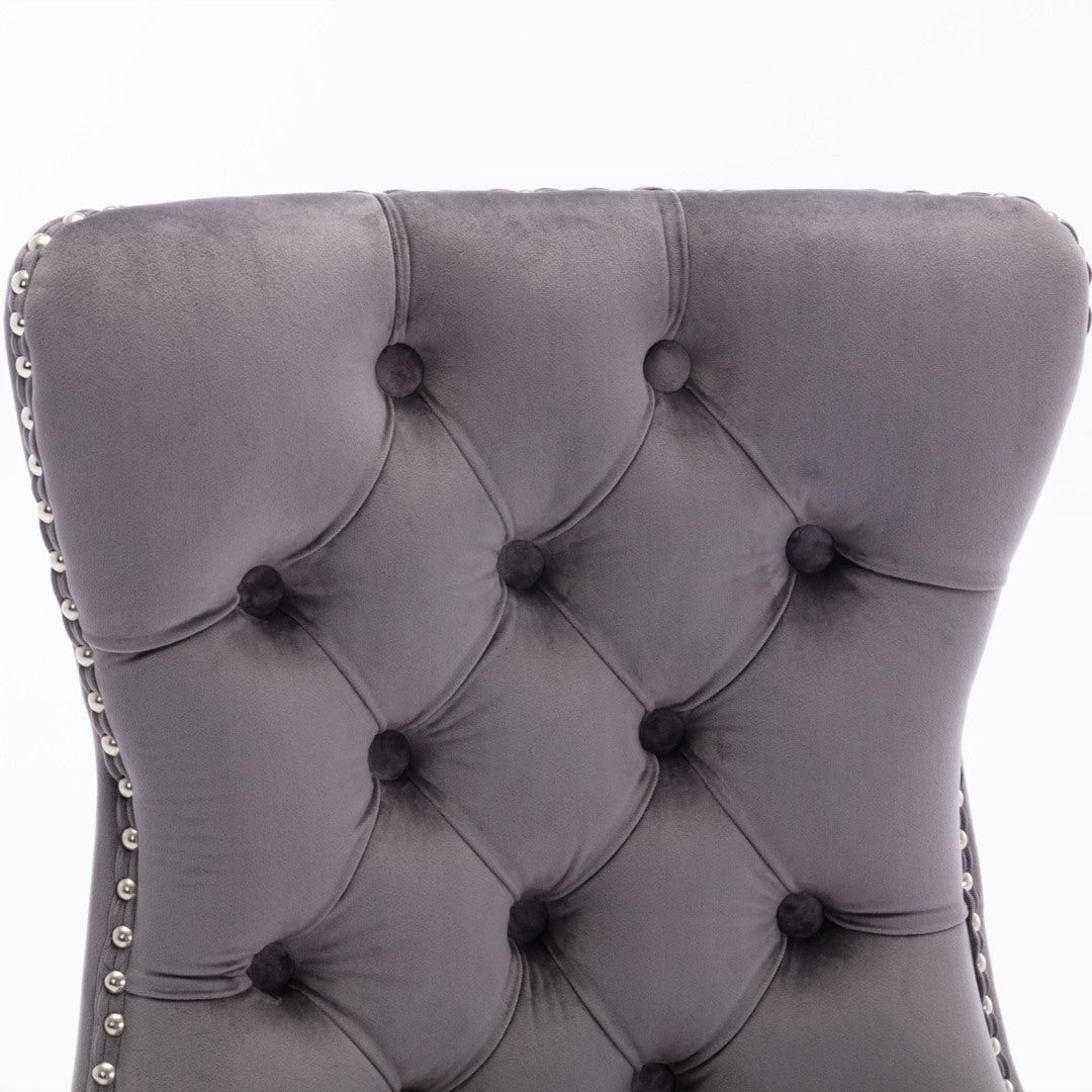 6x Velvet Dining Chairs Upholstered Tufted Kithcen Chair with Solid Wood Legs Stud Trim and Ring Gray Furniture >