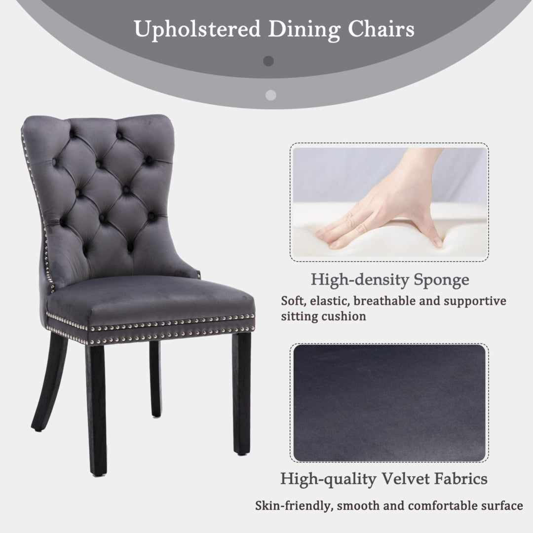 6x Velvet Dining Chairs Upholstered Tufted Kithcen Chair with Solid Wood Legs Stud Trim and Ring Gray Furniture >