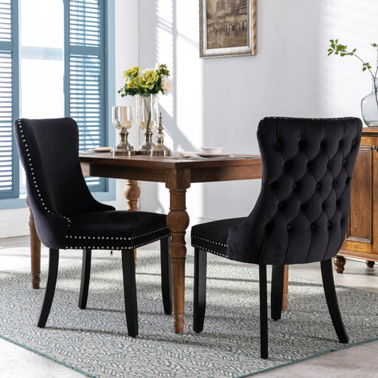 6x Velvet Upholstered Dining Tufted Chairs with Studs Trim and Solid Wood Legs-Black - Furniture > Dining > Kitchen &