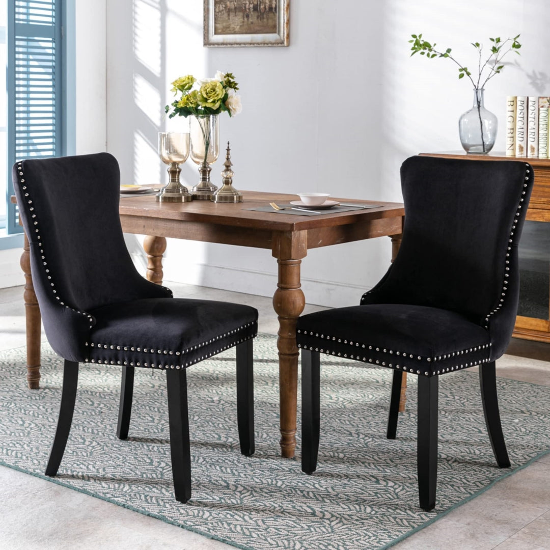 2x Velvet Upholstered Dining Chairs Tufted Wingback Side Chair with Studs Trim Solid Wood Legs for Kitchen - Furniture