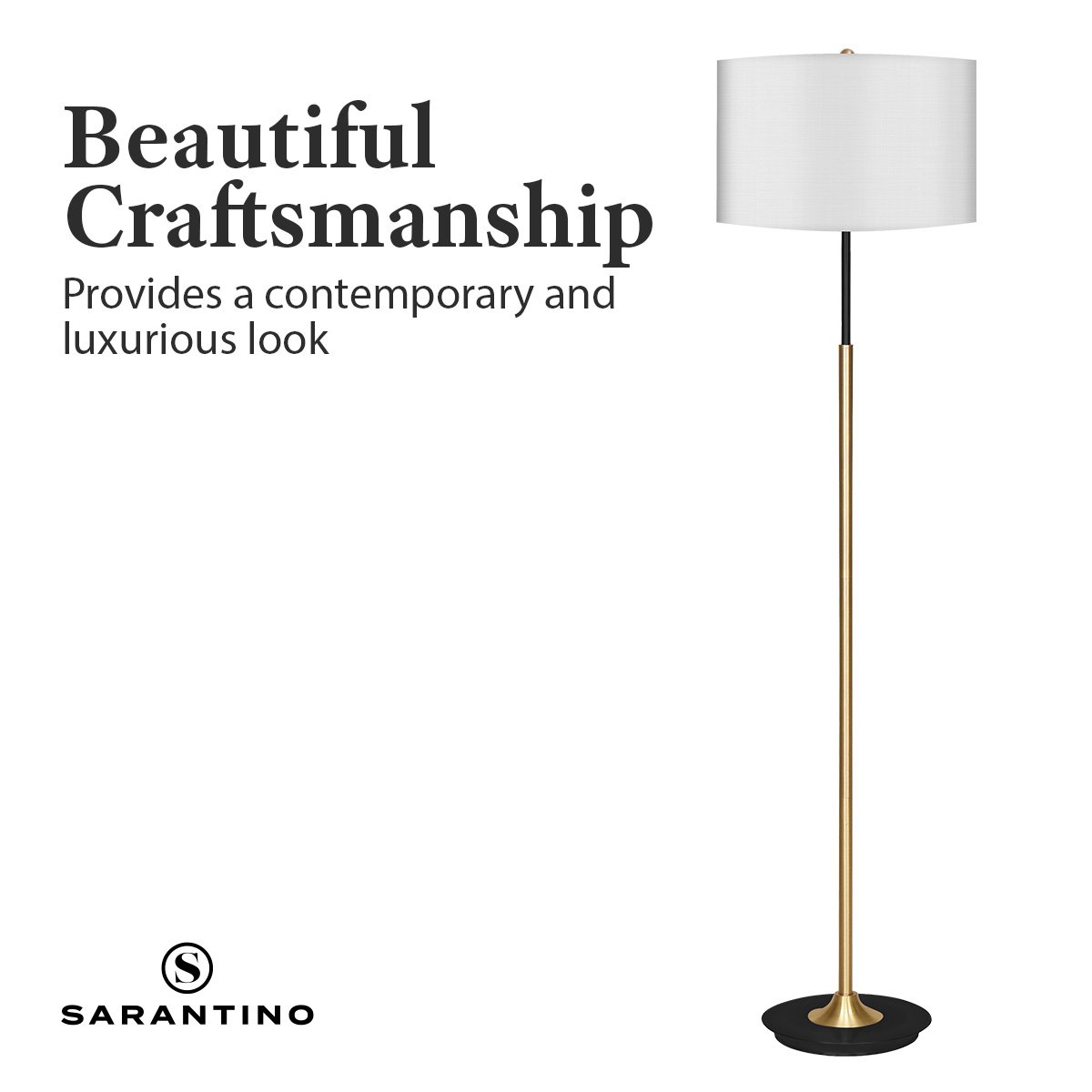Sarantino Metal Floor Lamp Brushed Brass Finish with White Shade - Home & Garden > Lighting > Night Lights & Ambient