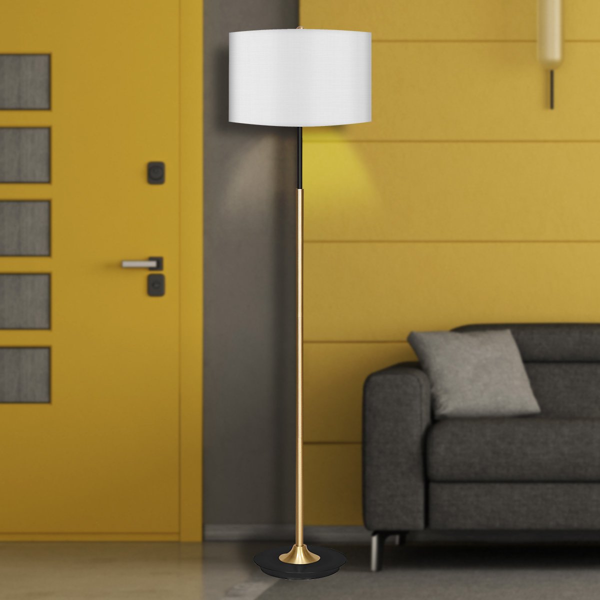Sarantino Metal Floor Lamp Brushed Brass Finish with White Shade - Home & Garden > Lighting > Night Lights & Ambient