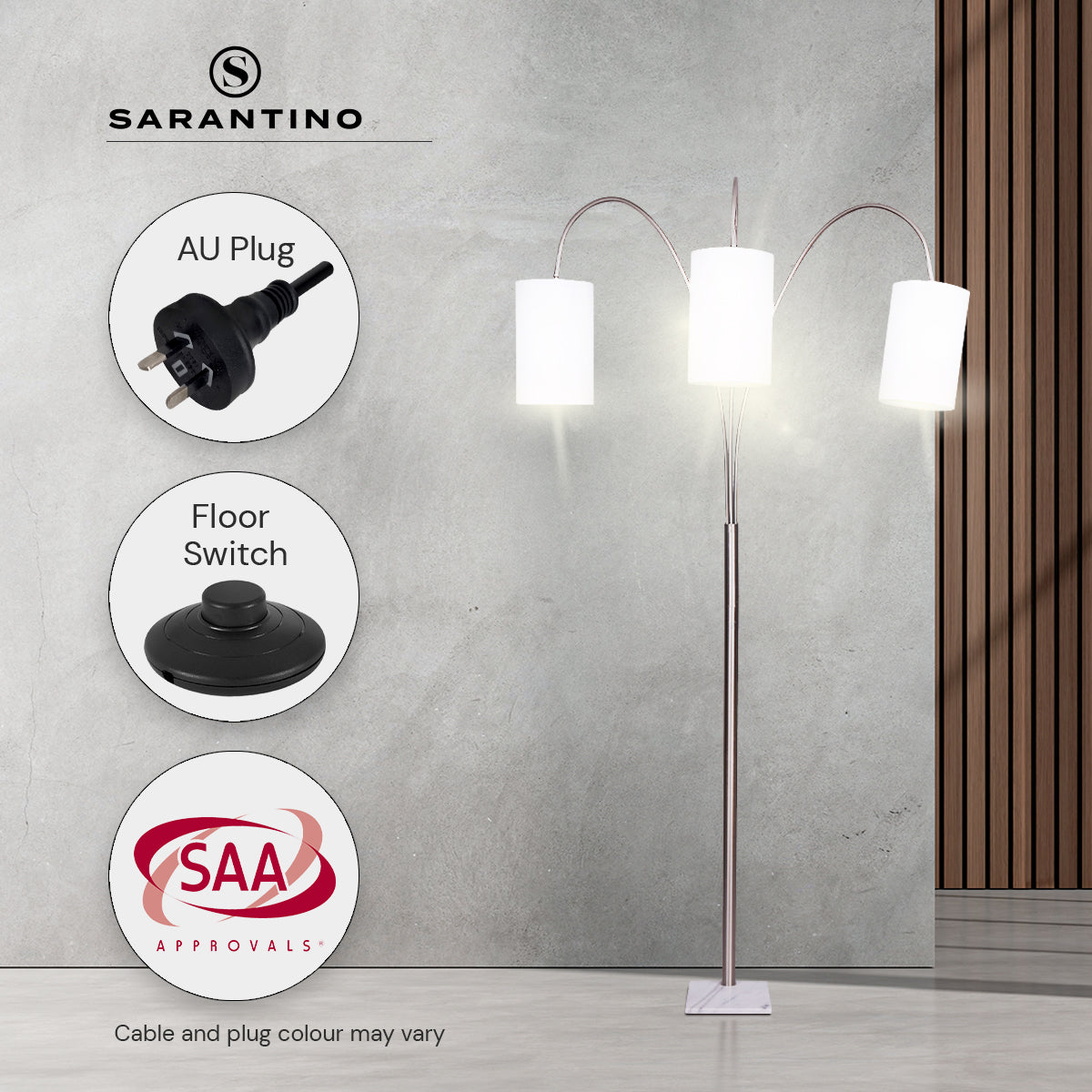 Sarantino 3-Light Metal Arc Floor Lamp - Nickel & Marble Finish - Home & Garden > Lighting > Night Lights & Ambient