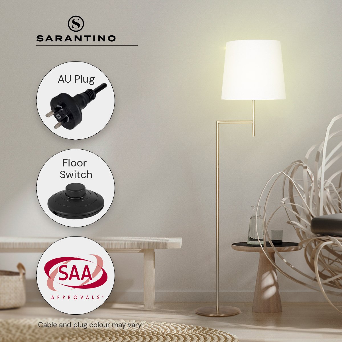 Sarantino Metal Floor Lamp in Antique Brass Finish with Cream Linen Fabric Shade - Home & Garden > Lighting > Night