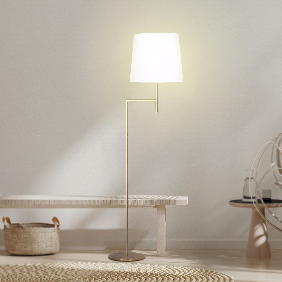 Sarantino Metal Floor Lamp in Antique Brass Finish with Cream Linen Fabric Shade - Home & Garden > Lighting > Night