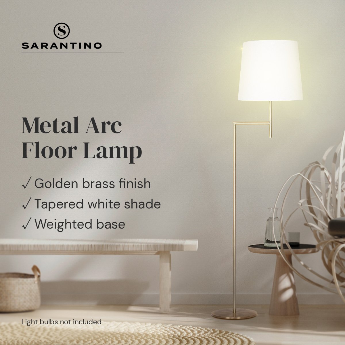 Sarantino Metal Floor Lamp in Antique Brass Finish with Cream Linen Fabric Shade - Home & Garden > Lighting > Night