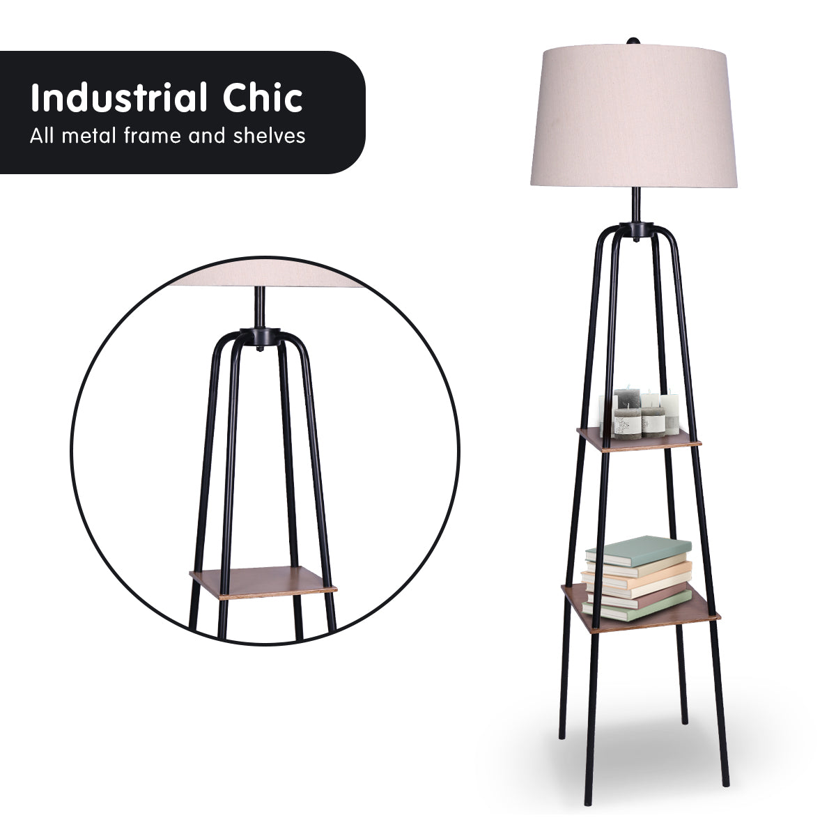 Sarantino Metal Etagere Floor Lamp Shade Metal Shelf in Wood Finish - Home & Garden > Lighting > Night Lights & Ambient