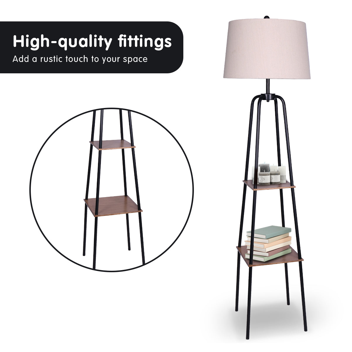 Sarantino Metal Etagere Floor Lamp Shade Metal Shelf in Wood Finish - Home & Garden > Lighting > Night Lights & Ambient