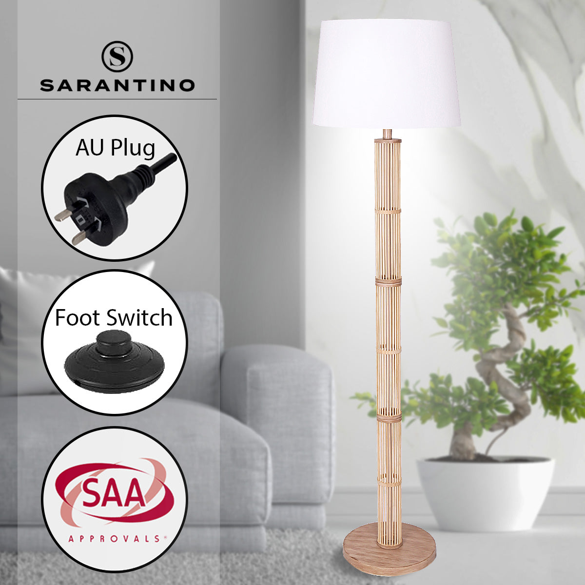 Sarantino Rattan Floor Lamp With Ghost-White Linen Shade - Furniture > Living Room > Ottomans & Footstools