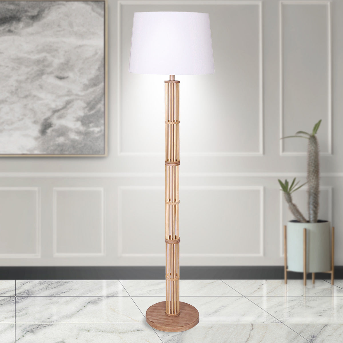 Sarantino Rattan Floor Lamp With Ghost-White Linen Shade - Furniture > Living Room > Ottomans & Footstools