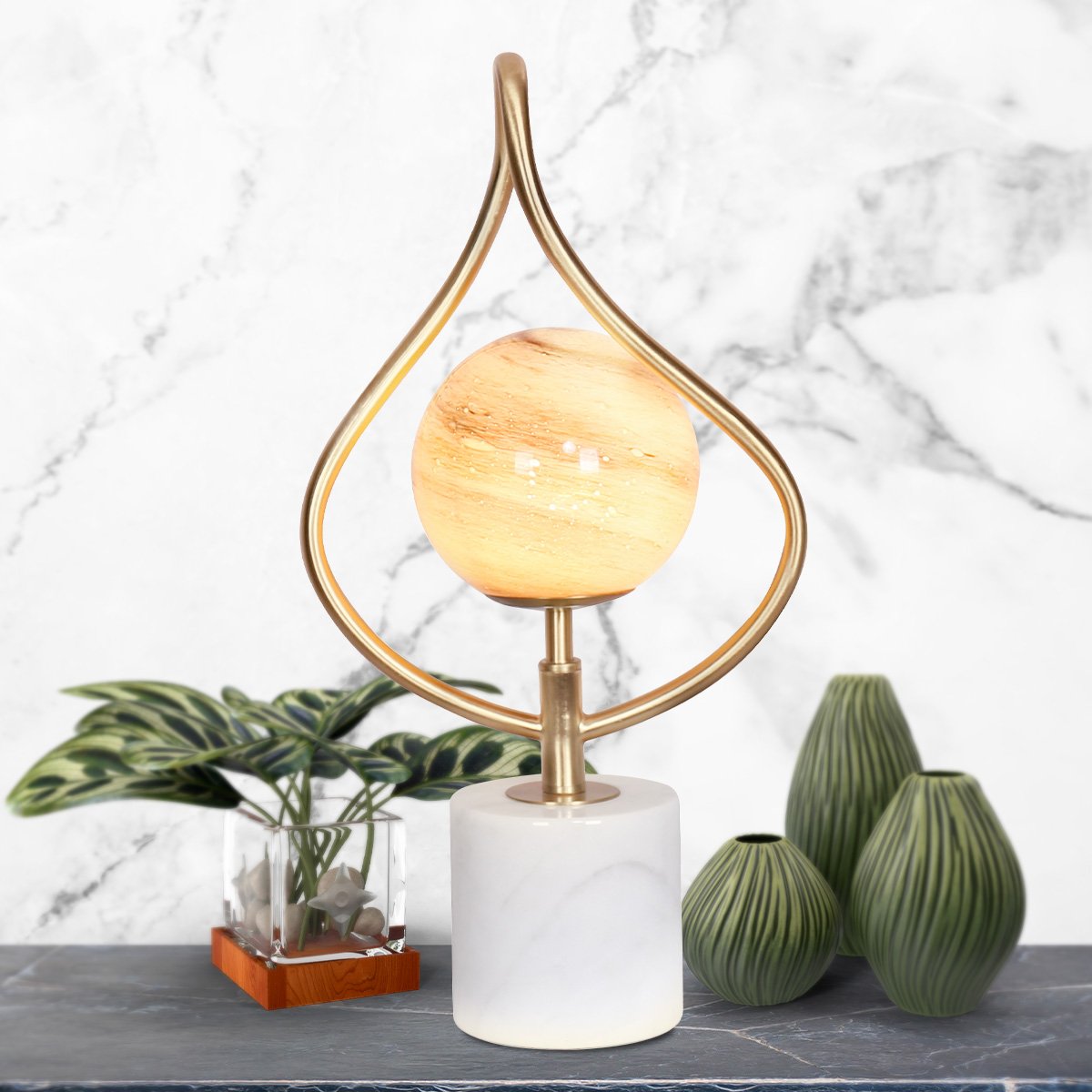 Sarantino Sculptural Orange Glass Table Lamp With White Marble Base - Home & Garden > Lighting > Table Lamps