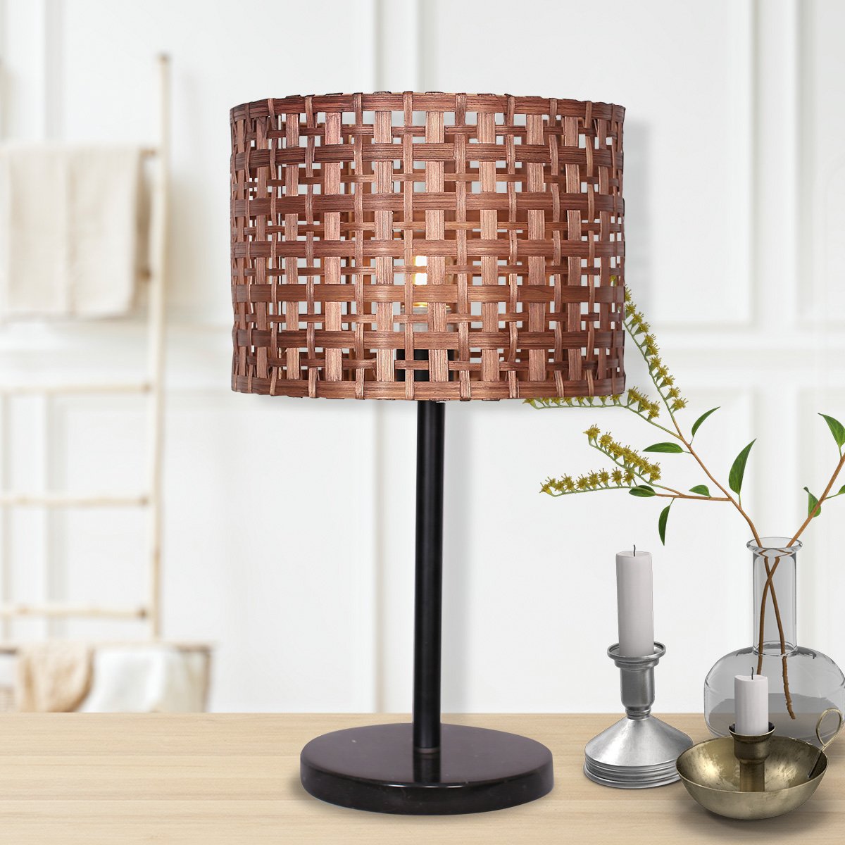 Sarantino Rattan Desk Lamp With Black Marble Base - Home & Garden > Lighting > Table Lamps