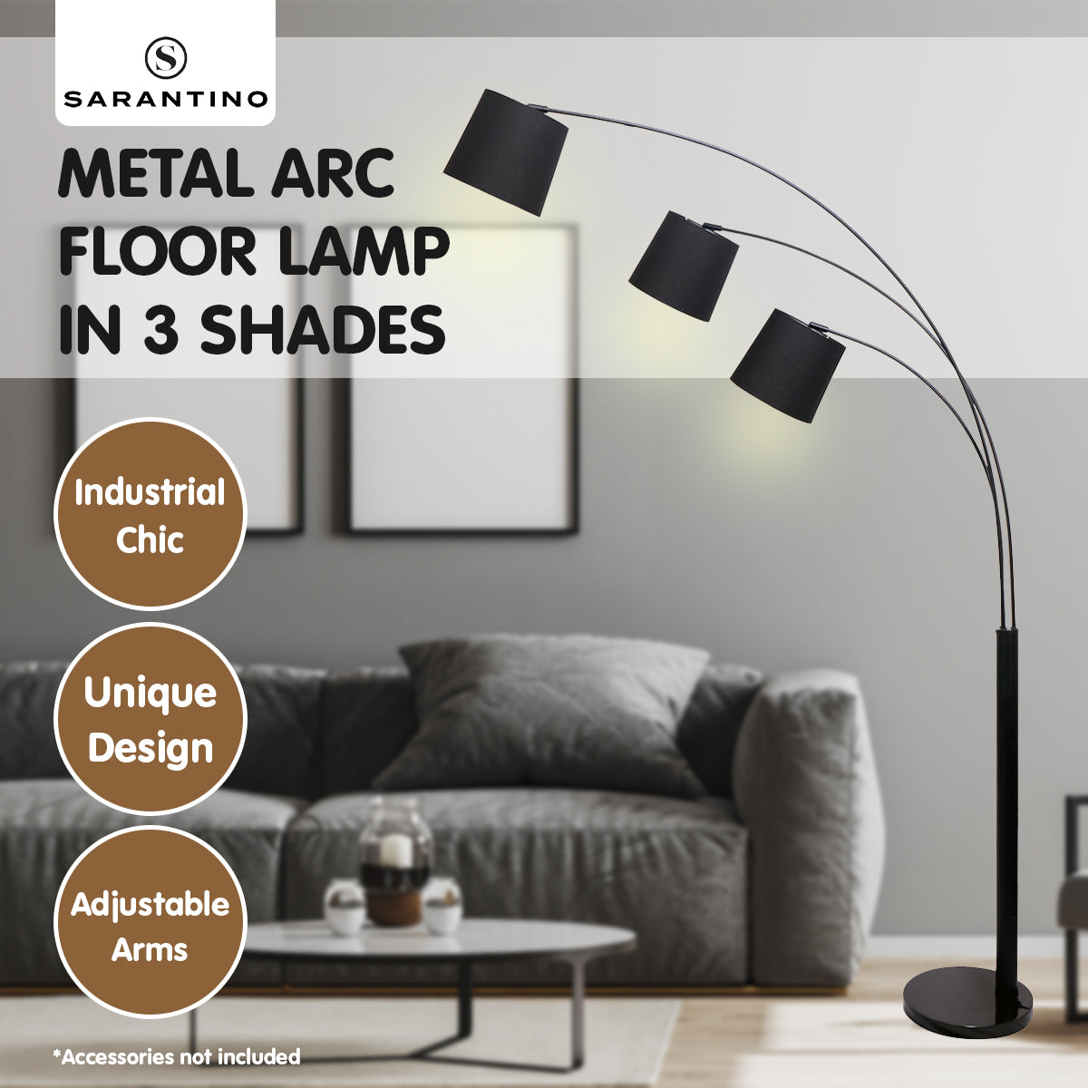 Sarantino 3 Light Arc Floor Lamp Adjustable Black 3 Shades Home & Garden > Lighting > Night Lights & Ambient Lighting