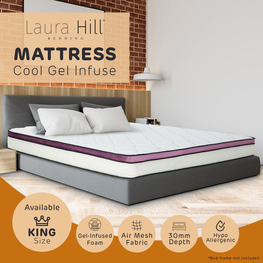 Laura Hill King Mattress Visco Cool Gel Infused Memory Foam Euro Top Pocket Spring 30cm Furniture > Mattresses >