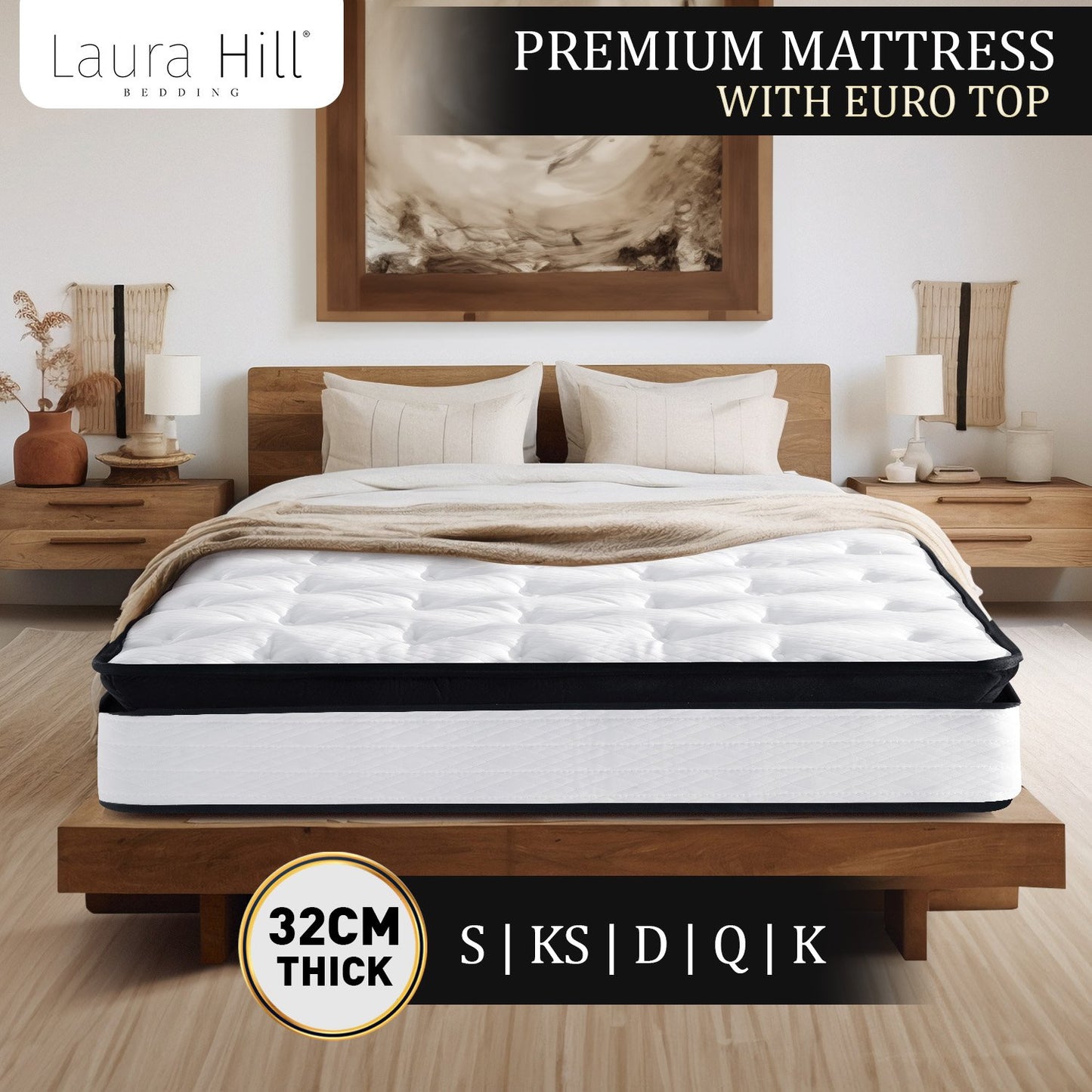Laura Hill King Mattress Bed Size Euro Top 5 Zone Spring Foam 32cm Bedding Pocket - Furniture > Mattresses > Mattress