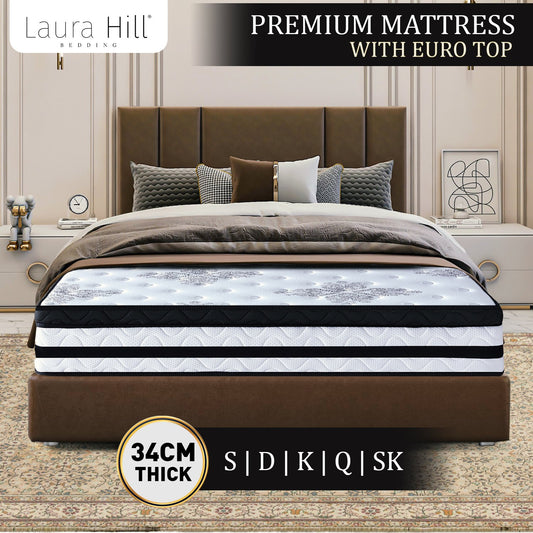 Laura Hill King Single Mattress Bed Size Euro Top 5 Zone Spring Foam 34cm - Furniture > Mattresses > Mattress Toppers