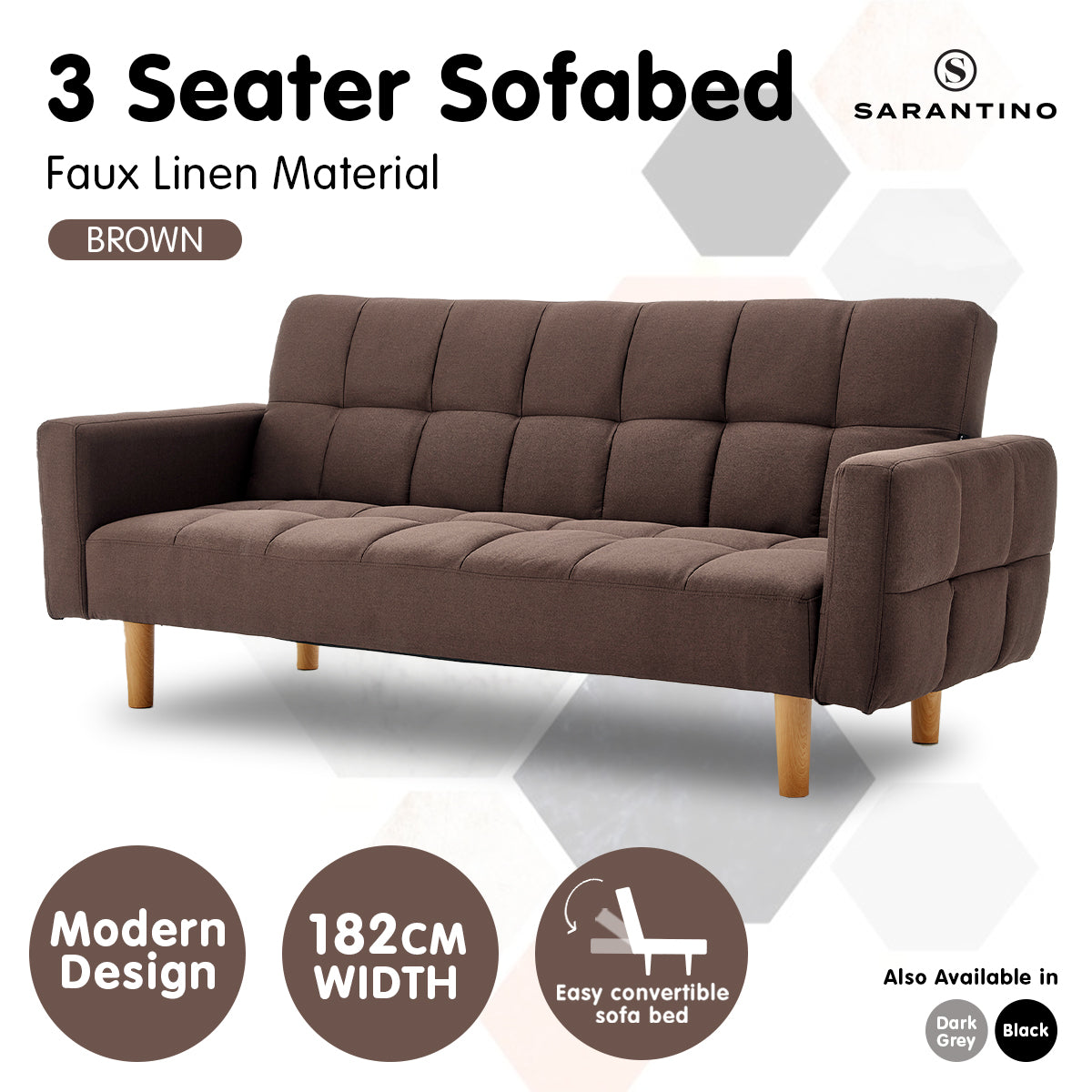 Sarantino 3-Seater Fabric Sofa Bed Futon - Brown - Furniture > Sofas > Sofas & Sofa Beds