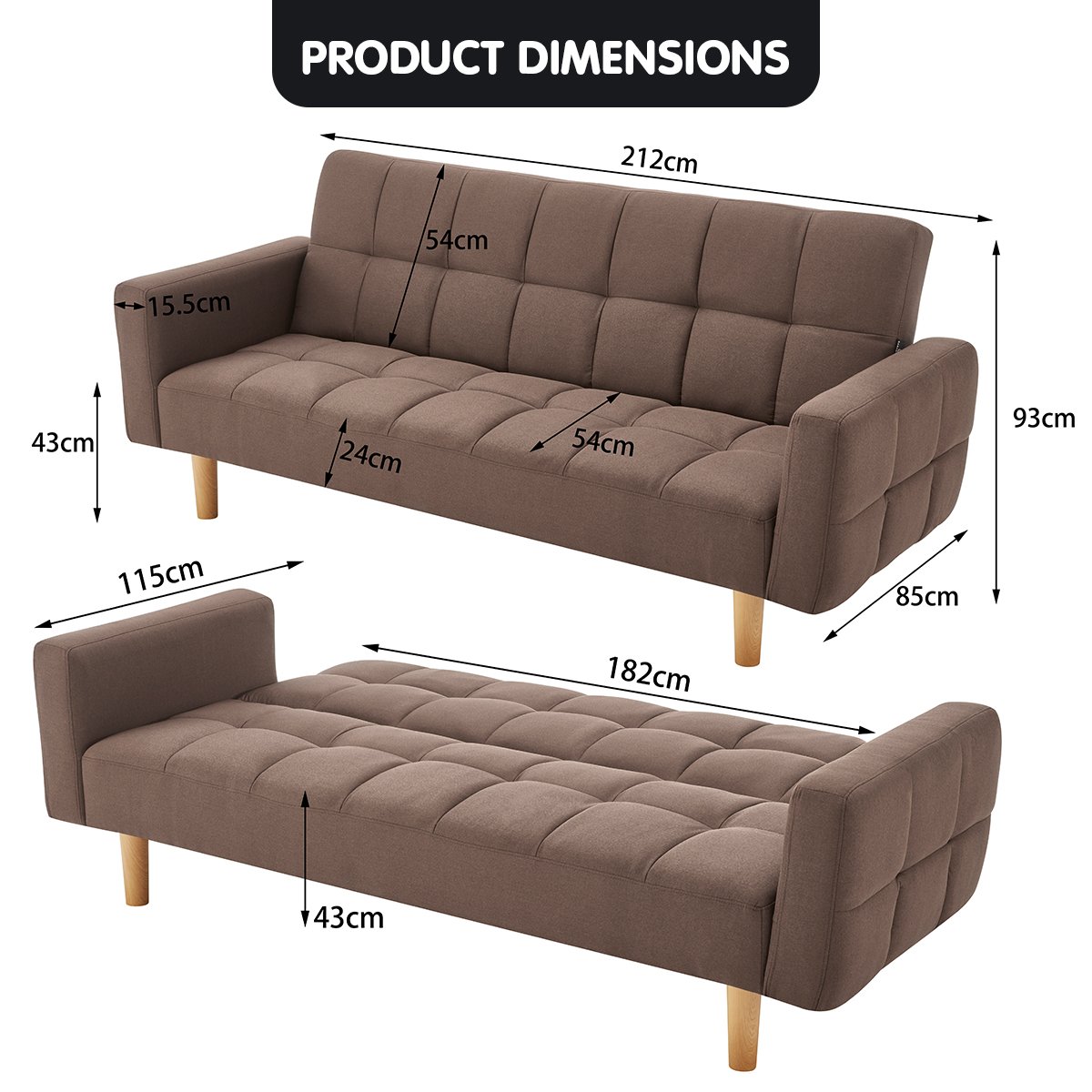Sarantino 3-Seater Fabric Sofa Bed Futon - Brown - Furniture > Sofas > Sofas & Sofa Beds