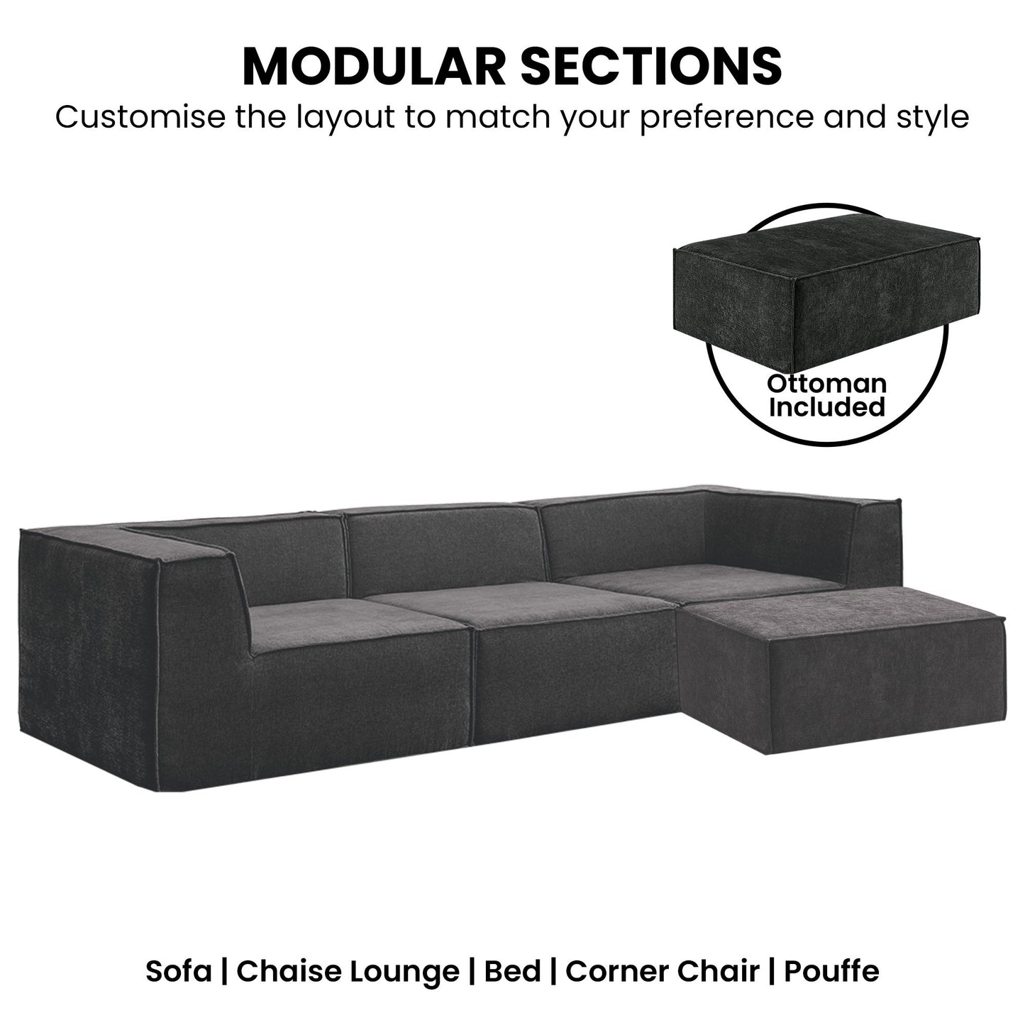 Sarantino Novi 3-Seater Modular Sofa with Ottoman in Black Non-Slip Bottom Lounge - Furniture > Sofas > Sofas & Sofa