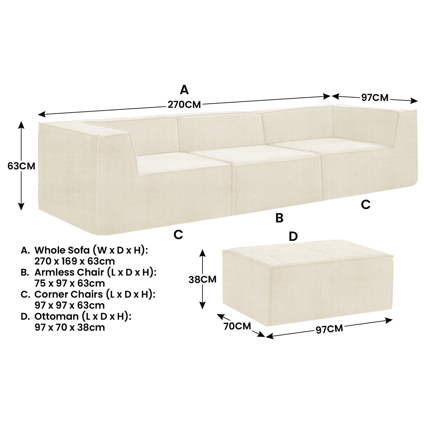 Sarantino Novi 3-Seater Modular Sofa with Ottoman in Cream Non-Slip Bottom Lounge - Furniture > Sofas > Sofas & Sofa
