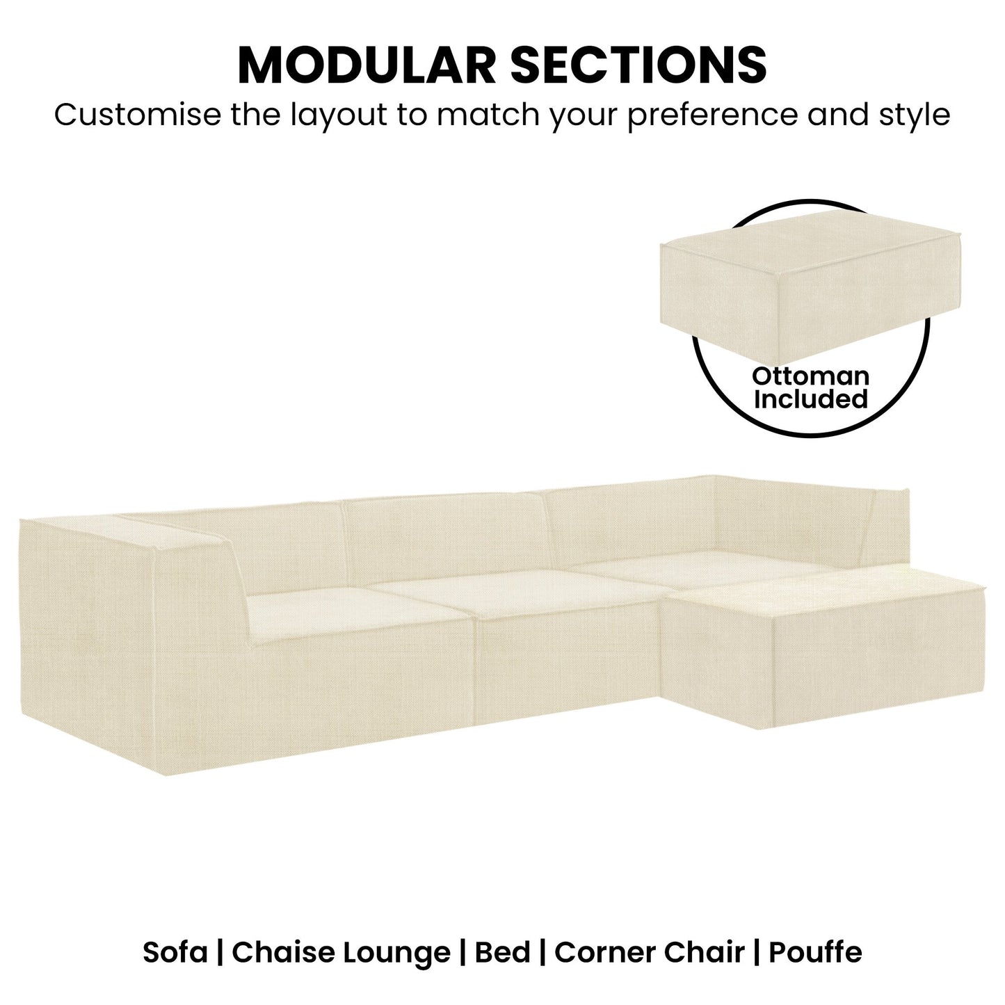 Sarantino Novi 3-Seater Modular Sofa with Ottoman in Cream Non-Slip Bottom Lounge - Furniture > Sofas > Sofas & Sofa