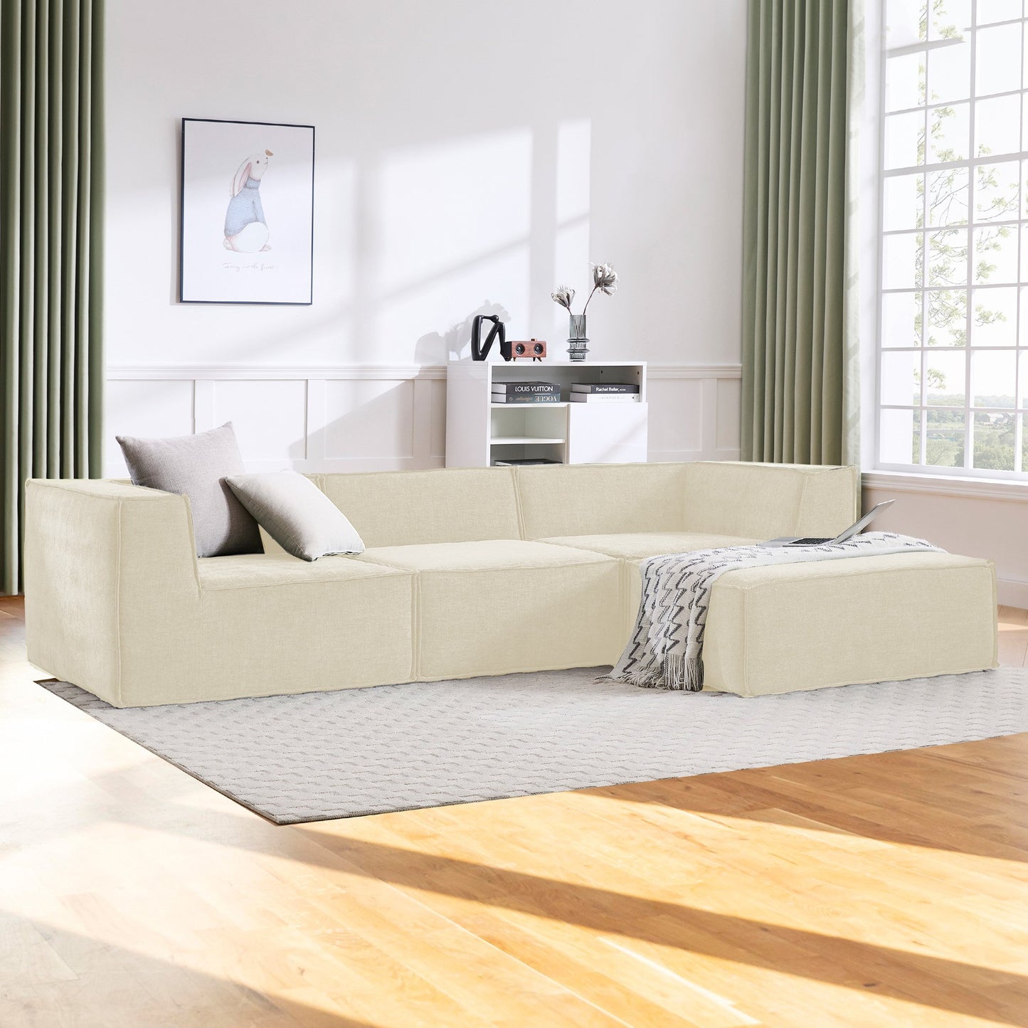 Sarantino Novi 3-Seater Modular Sofa with Ottoman in Cream Non-Slip Bottom Lounge - Furniture > Sofas > Sofas & Sofa