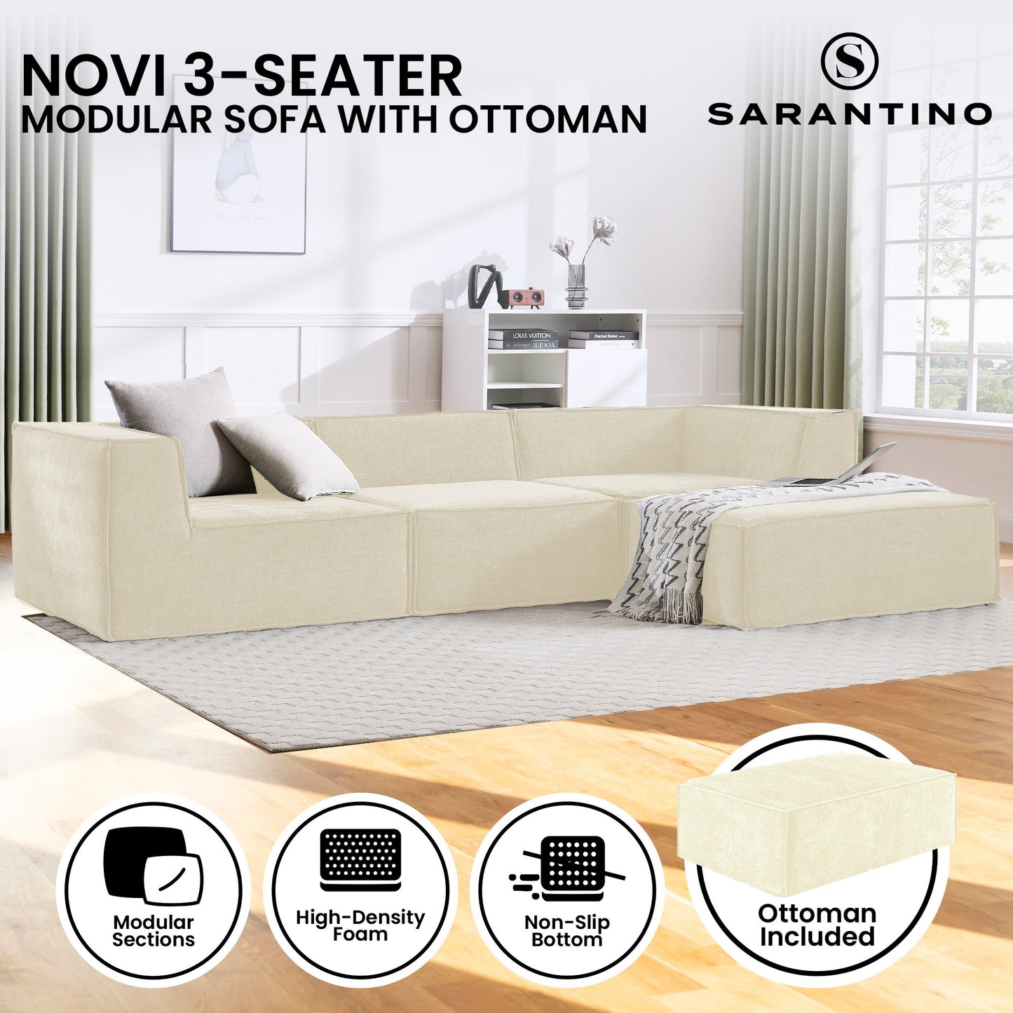 Sarantino Novi 3-Seater Modular Sofa with Ottoman in Cream Non-Slip Bottom Lounge - Furniture > Sofas > Sofas & Sofa