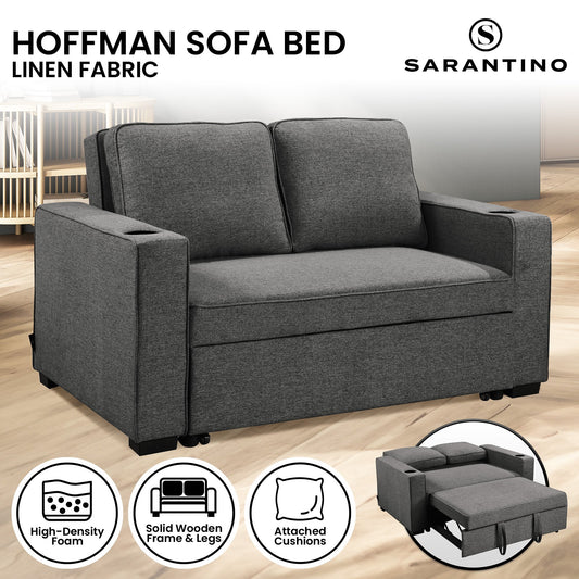 Hoffman Linen Dark Grey Convertible Sofa Bed Couch Lounge With Cushions Cupholders Scandinavian-style Wooden Frame