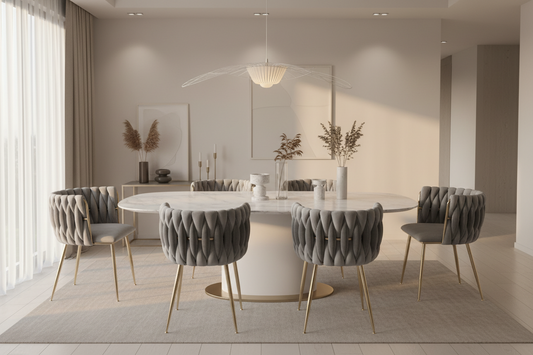grey velvet designer dining chairs with grey back and golden legs, padded seats, modern dining area with white marble top dining table, soft neutral colour floor rug and modern pendant light and wall art, soft daylight with curtain on windows