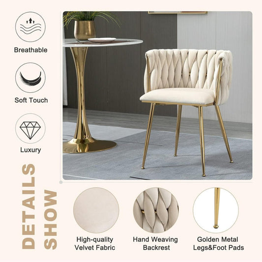 Ivory Modern Hand Weaving Dining Chairs,Velvet Upholstered Side Chairs with Gold Legs, Chic Vanity Chairs with Armrest, Accent Chair for Dining Room, and Cafe Set of 2