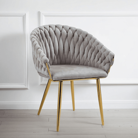 SERENITà Grey Modern Velvet Dining Chairs, Upholstered Living Room Chair with Woven Back and Golden Metal Legs, Mid-Century Accent Set of 2(Grey)