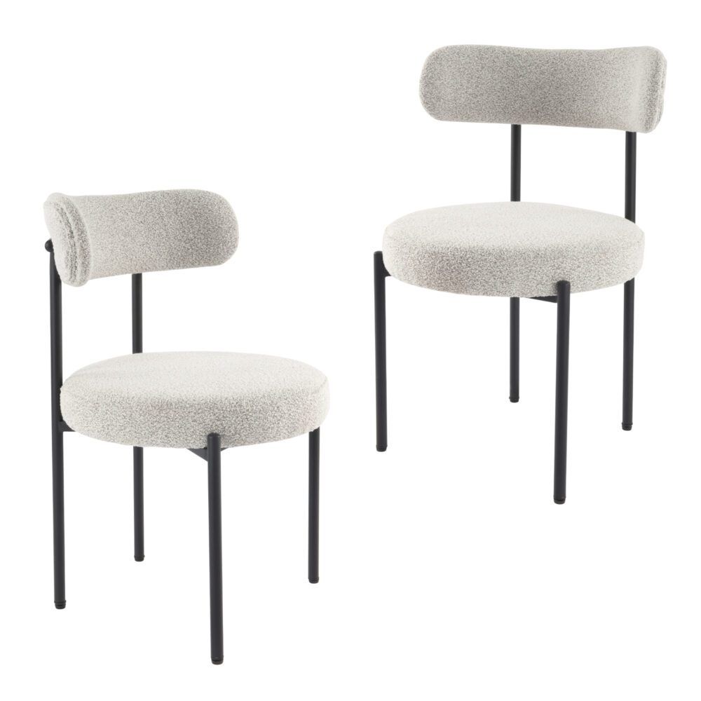 Two gray cushioned chairs with black frames on a white background