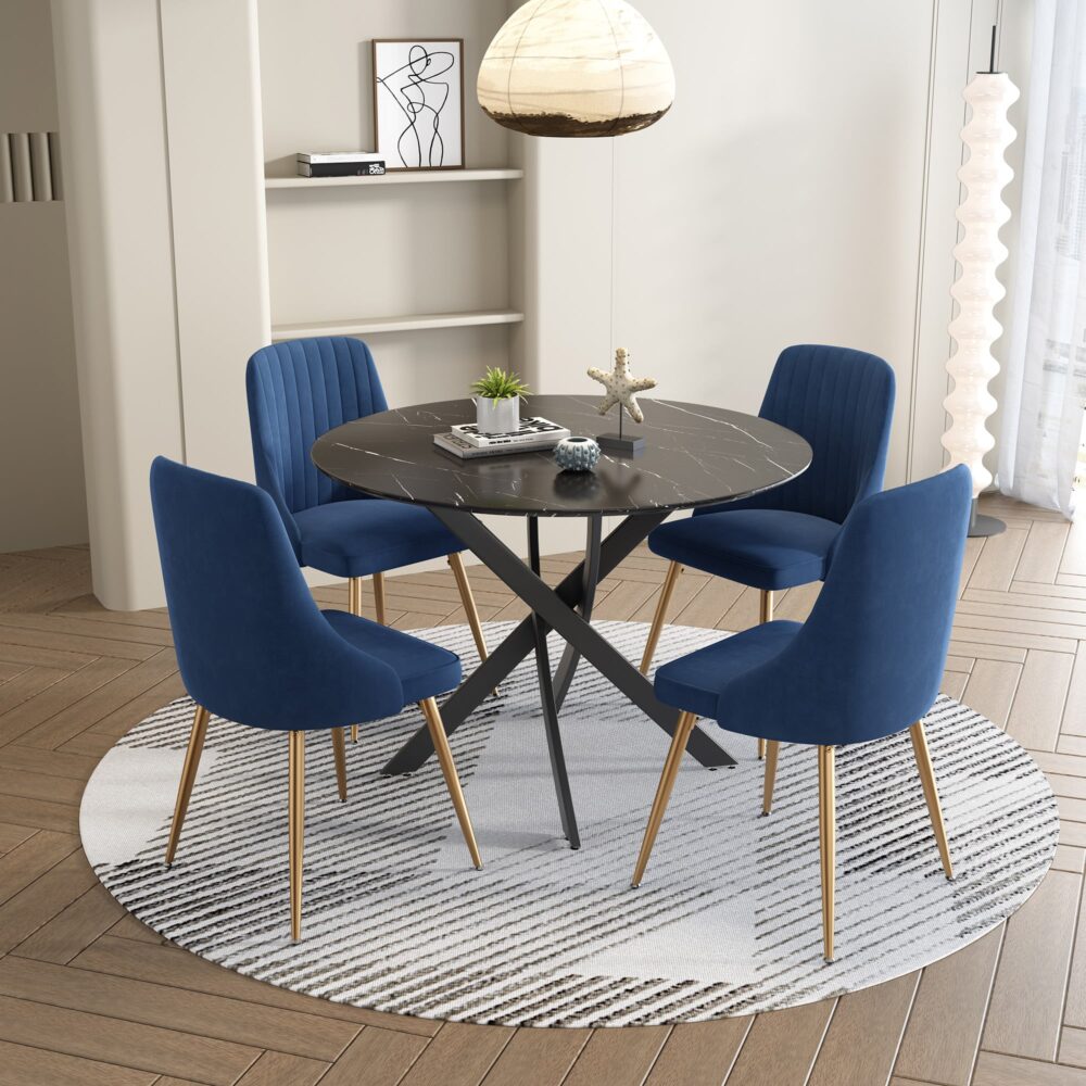 Round Marble-Effect Table-Black - Furniture > Dining > Dining Tables