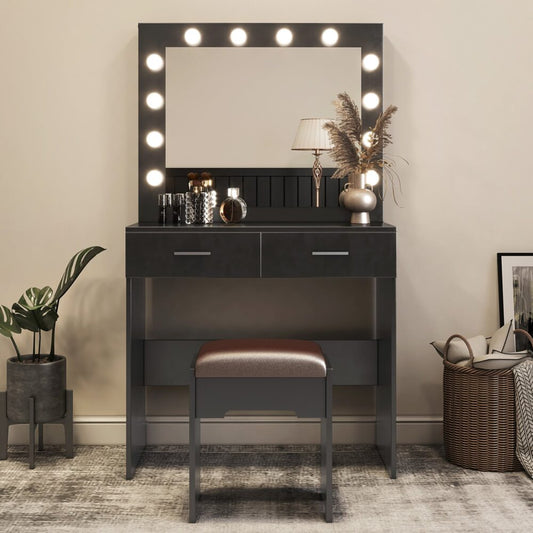 Fidel Vanity Set with Cushioned Stool and Lighted Mirror Black Furniture > Bedroom > Dressing Vanity & Dressing Tables