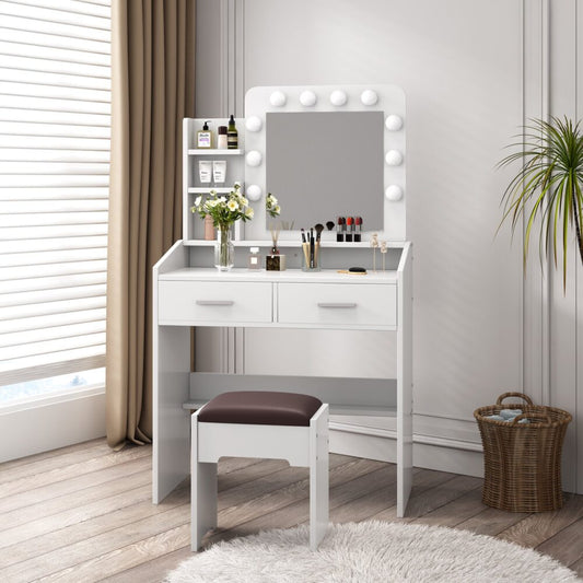 Diana Vanity Set with Shelves Cushioned Stool and Lighted Mirror White Furniture > Bedroom > Dressing Vanity & Dressing
