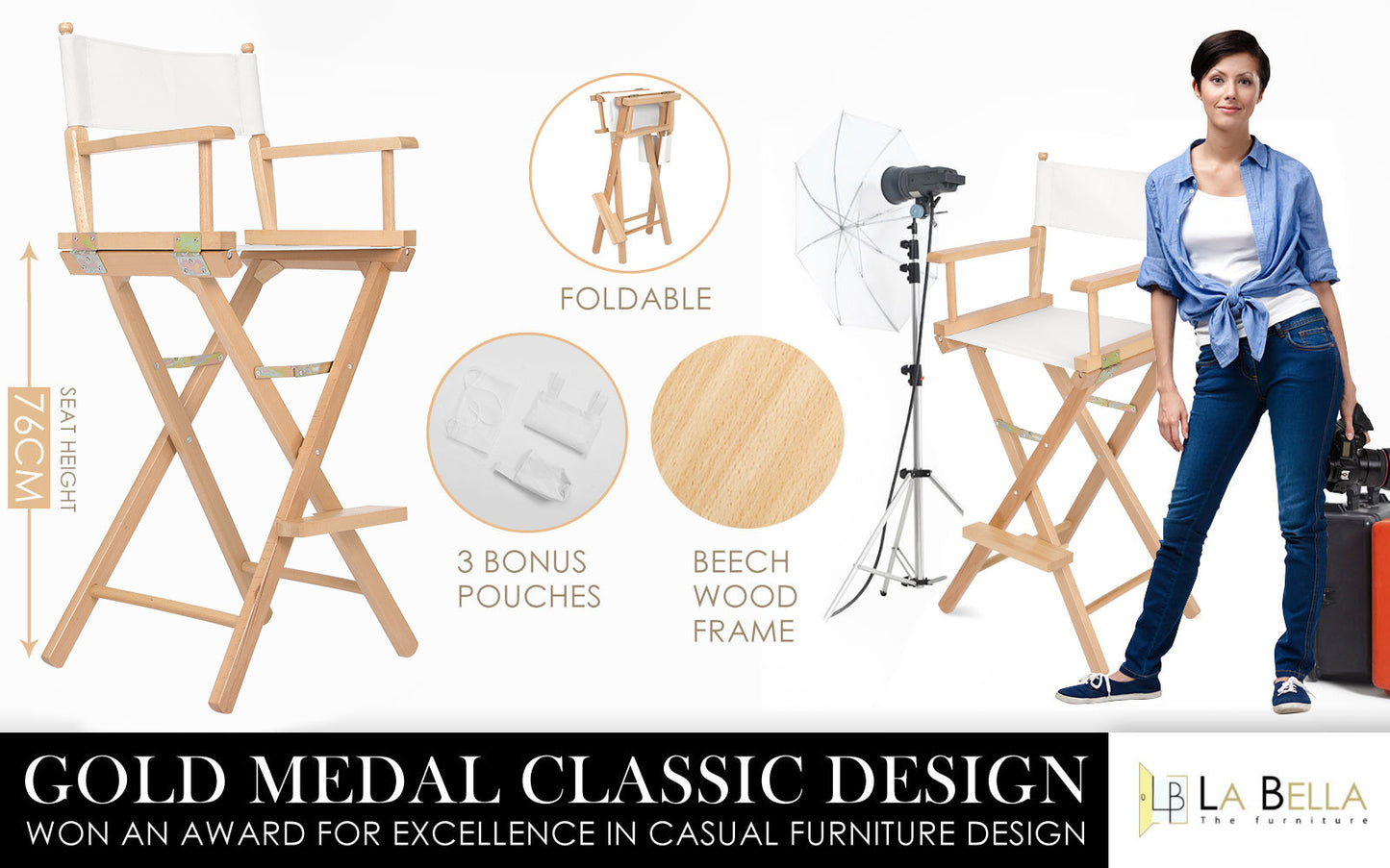 Director Movie Folding Tall Chair 76cm Beech WOOD HUMOR - Furniture > Bar Stools & Chairs > Table & Bar Stools