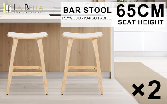 2X Wooden Bar Stool Padded Fabric Dining Chair KANSO 65cm BEIGE - Furniture > Stools & Chairs Table