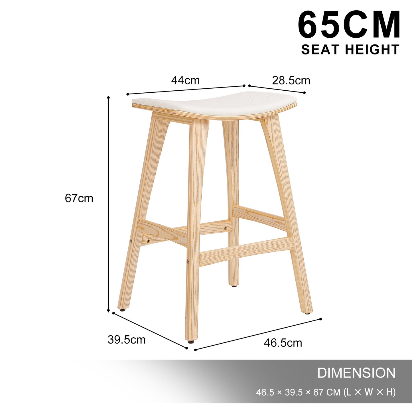 2X Wooden Bar Stool Padded Fabric Dining Chair KANSO 65cm BEIGE - Furniture > Stools & Chairs Table