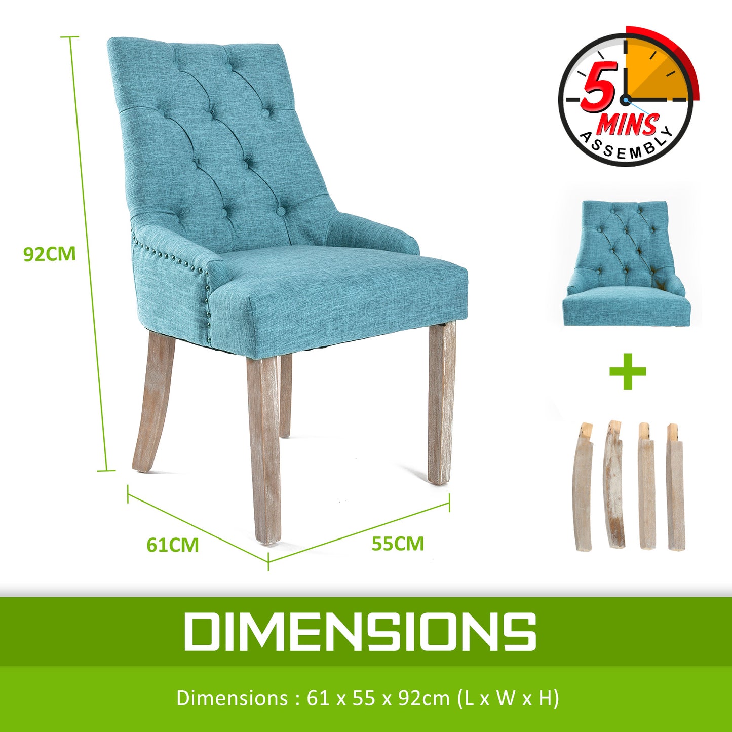 French Provincial Dining Chair Oak Leg AMOUR BLUE - Furniture > Dining > Kitchen & Dining Chairs