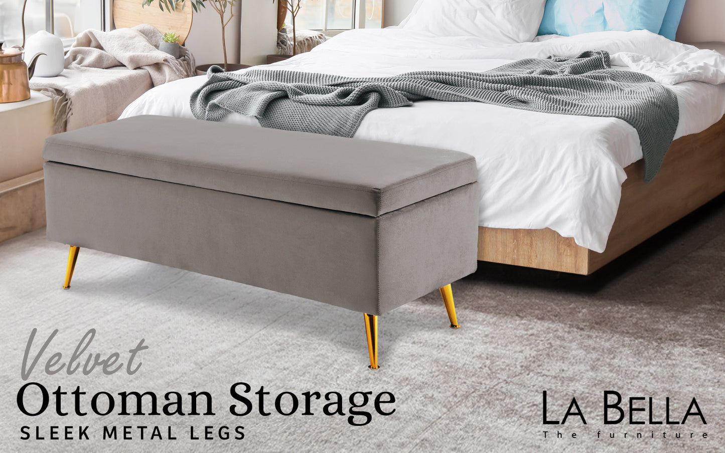 Storage Ottoman Stool Bench Seat 110cm Velvet GREY - Furniture > Living Room > Ottomans & Footstools