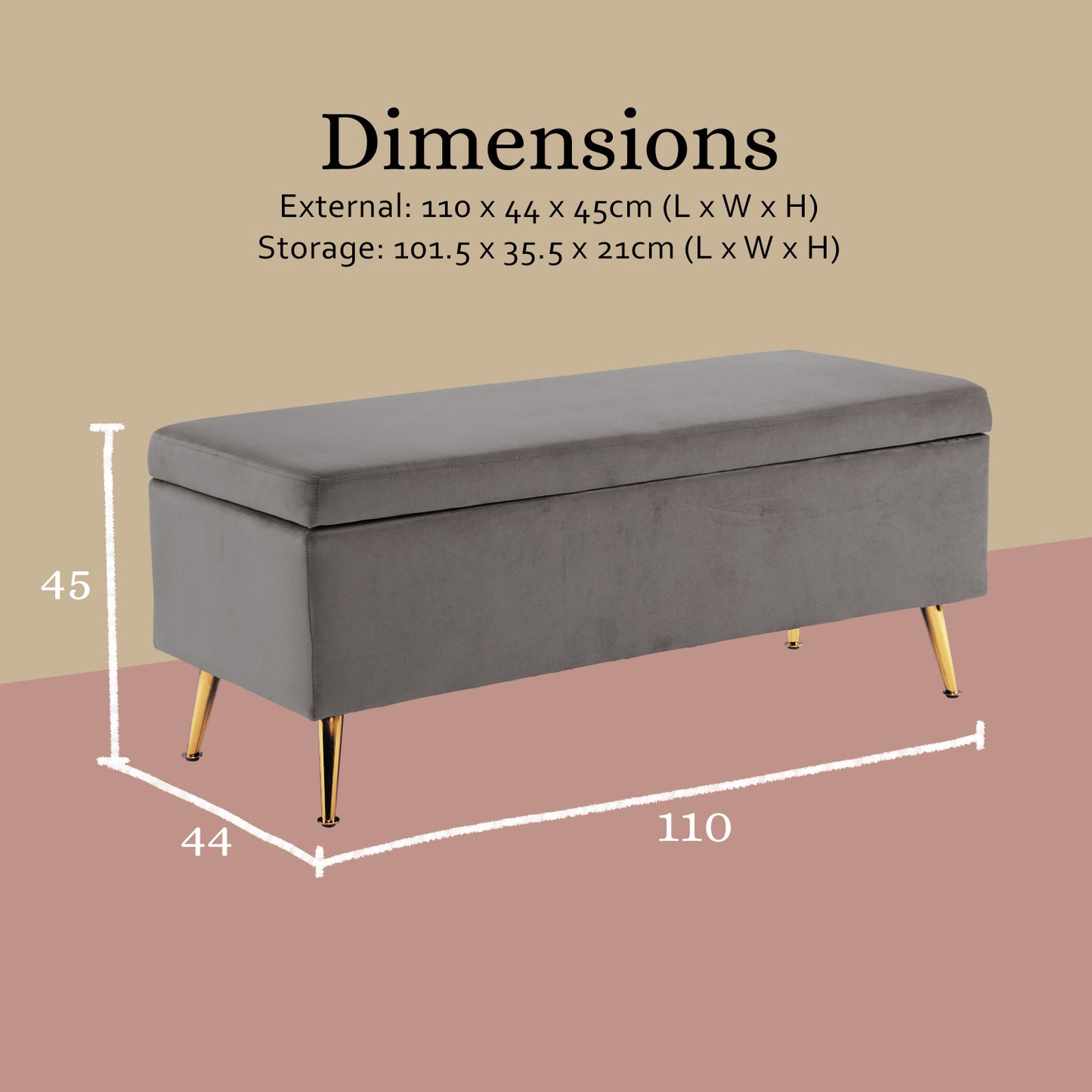 Storage Ottoman Stool Bench Seat 110cm Velvet GREY - Furniture > Living Room > Ottomans & Footstools