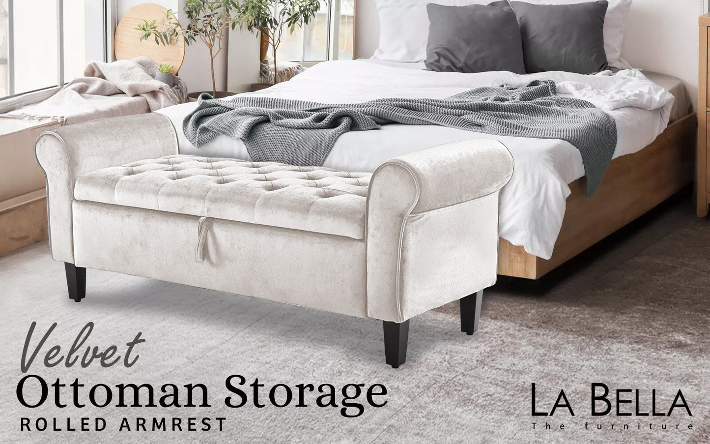 Storage Ottoman Stool Arm Bench Seat 132cm Velvet BEIGE - Furniture > Living Room > Ottomans & Footstools